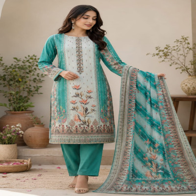 Neel Megh - Ice Blue Printed Cotton Unstitched 3-Piece