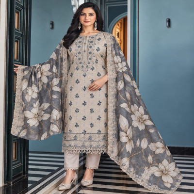 Elegant Floral Embroidered Three Piece