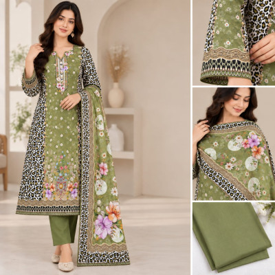 Olive Green Cotton Unstitched Three-Piece