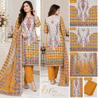 Floral Checkered Unstitched Three-Piece
