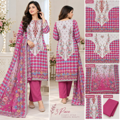 Godhuli Golap - Floral Checkered Unstitched Cotton 3-Piece Set